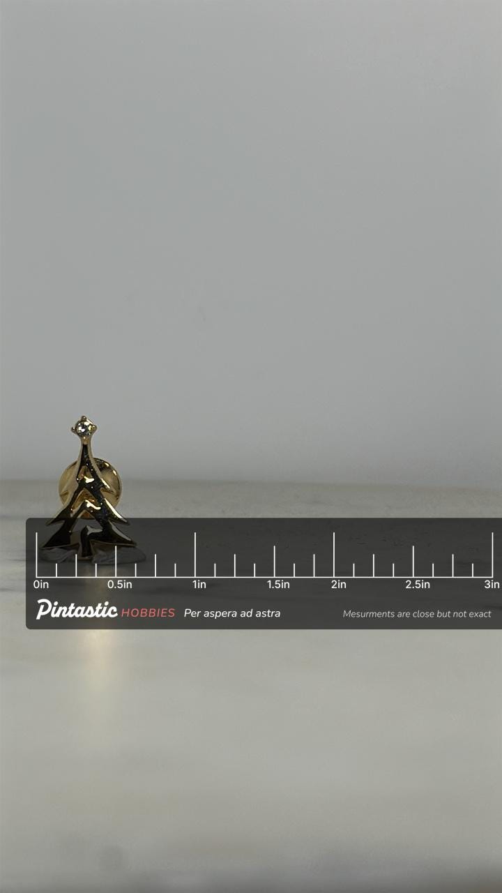 Christmas Tree Lapel Pin: Gold Tone with Rhinestone - Festive Holiday Accessory with ruler overlay for size reference