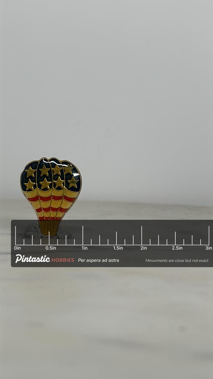 Patriotic Hot Air Balloon Pin: Red White Blue Enamel - Americana Accessory with ruler overlay for size reference