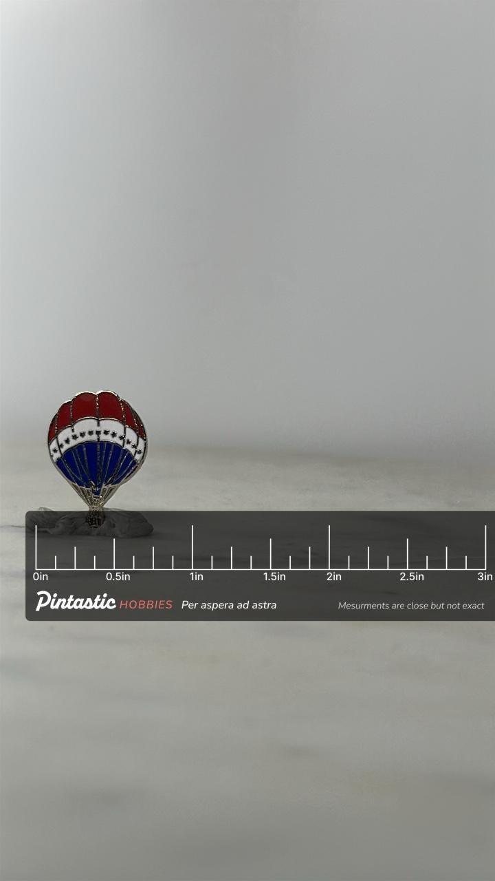 Hot Air Balloon Enamel Pin: Patriotic Red White Blue - Vintage Travel Accessory with ruler overlay for size reference