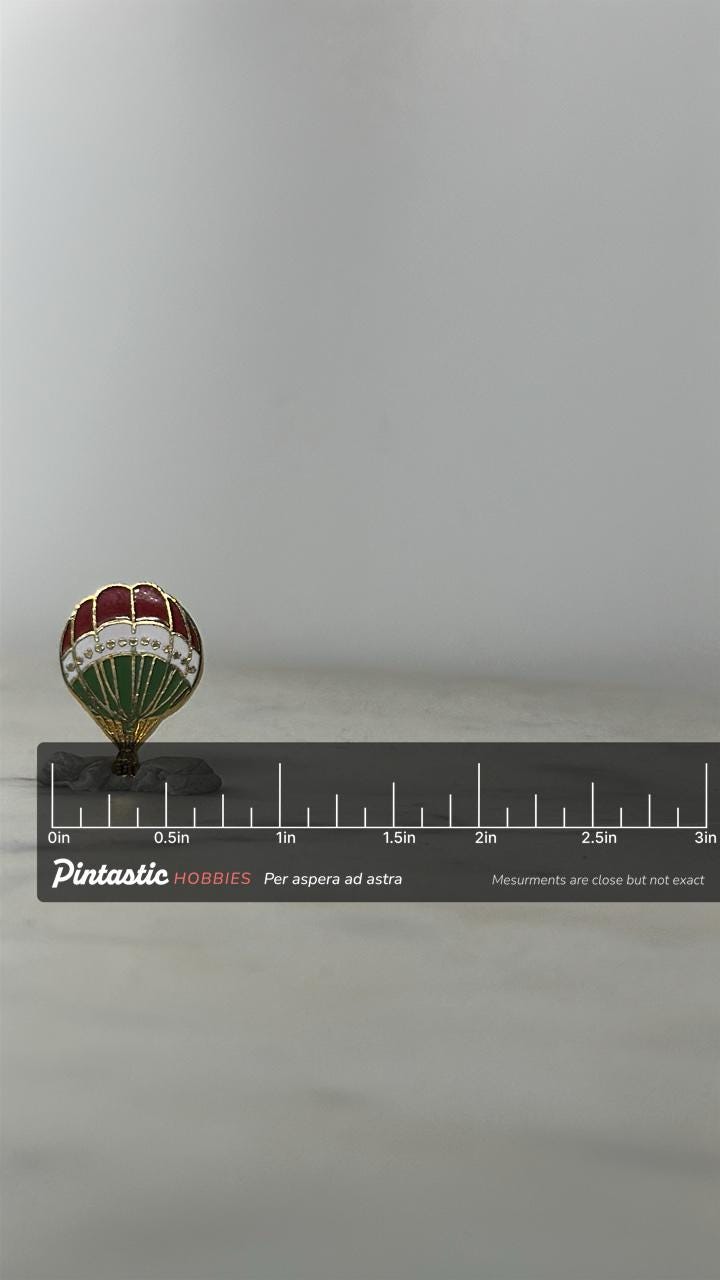 Hot Air Balloon Enamel Pin: Red Green Gold - Retro Travel Accessory with ruler overlay for size reference