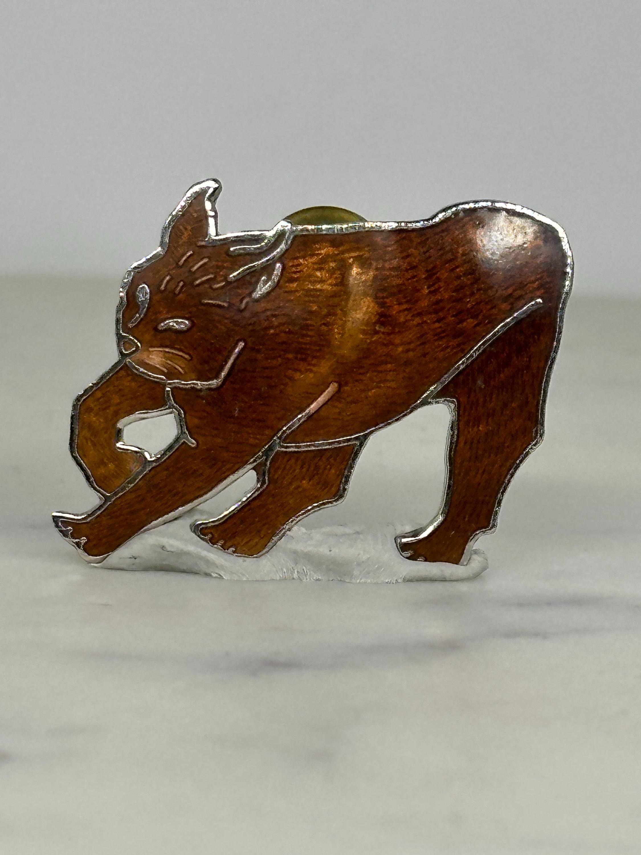 Stretching Cat Enamel Pin: Brown Cloisonné Finish - Vintage Animal Accessory