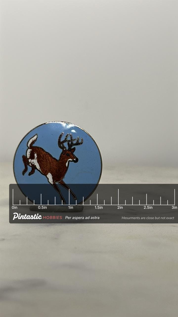 White-Tailed Deer Enamel Pin: Sky Blue Circle - Vintage Wildlife Accessory with ruler overlay for size reference