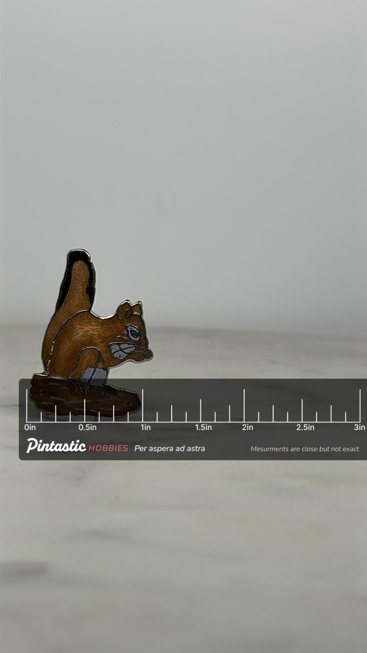 Grumpy Squirrel Enamel Pin: Brown Wood Log Design - Retro Forest Accessory with ruler overlay for size reference