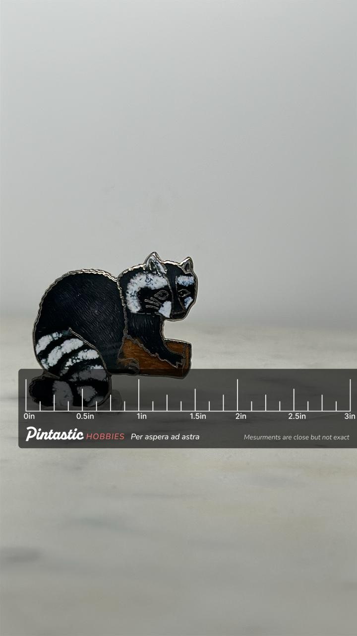 Raccoon Enamel Pin: Black White Brown Cloisonné - Woodland Animal Accessory with ruler overlay for size reference