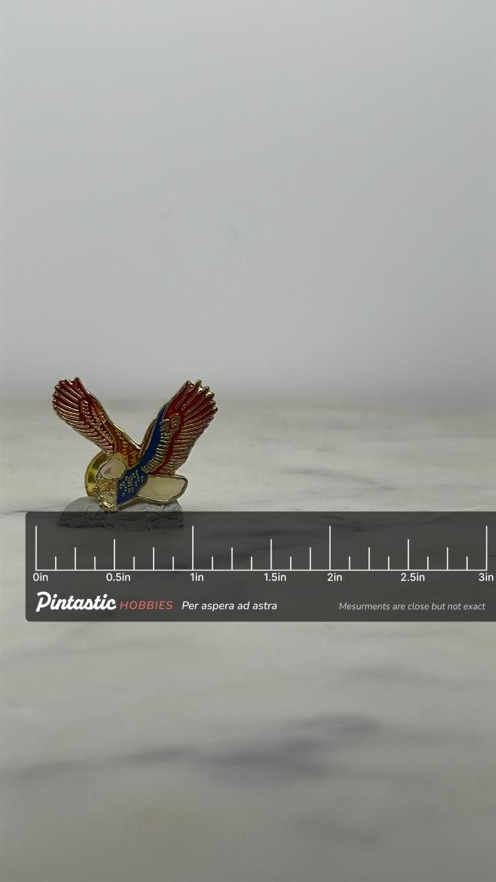 Patriotic Eagle Enamel Pin: Red Blue Gold Finish - Vintage Americana Accessory with ruler overlay for size reference