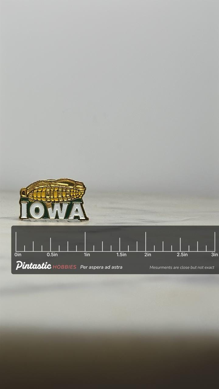 Iowa Corn Enamel Pin: Gold & Green Finish - Vintage Travel Accessory with ruler overlay for size reference