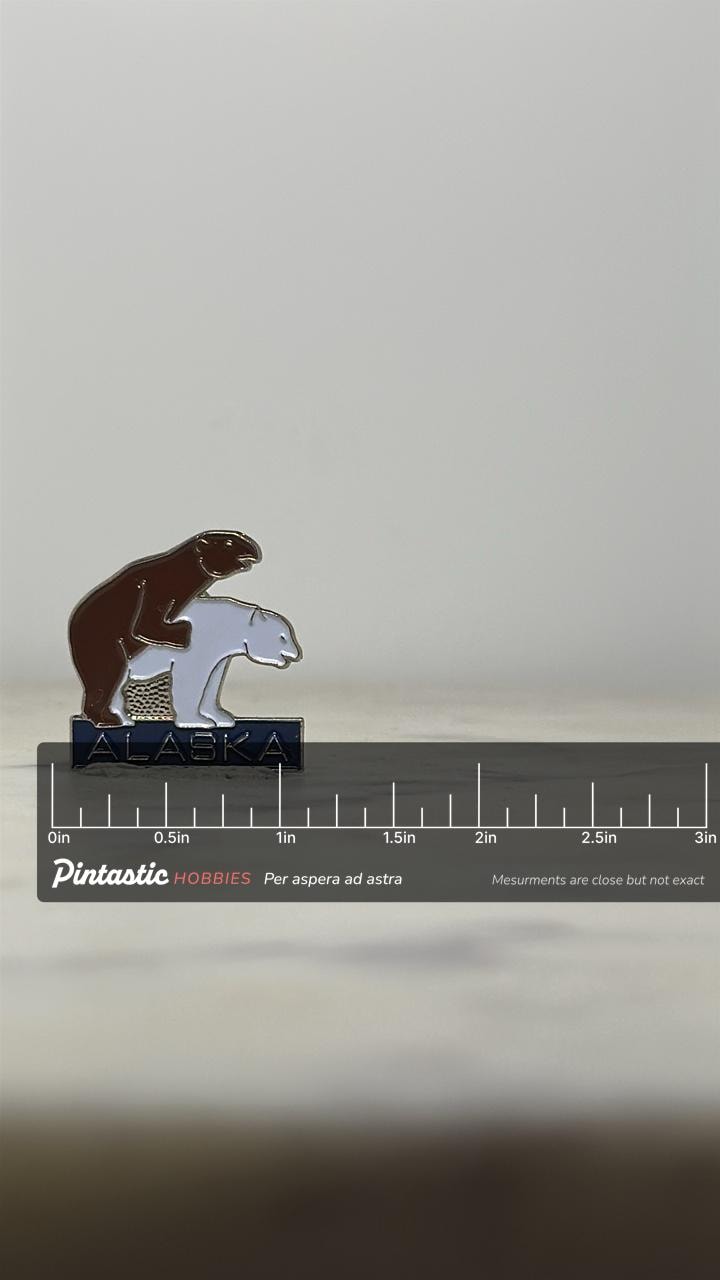 Alaska Souvenir Enamel Pin: Brown & White Bears - Retro Travel Accessory with ruler overlay for size reference