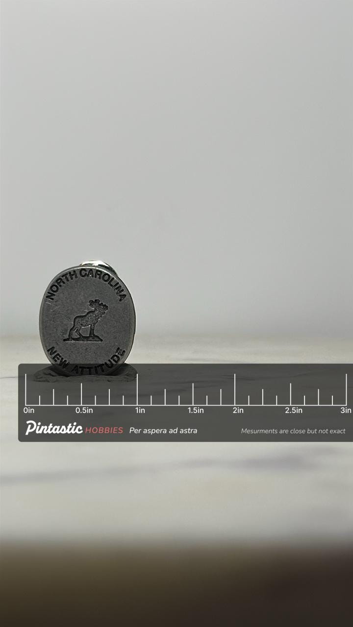 North Carolina Moose Pin: Pewter Finish - Vintage Souvenir Accessory with ruler overlay for size reference