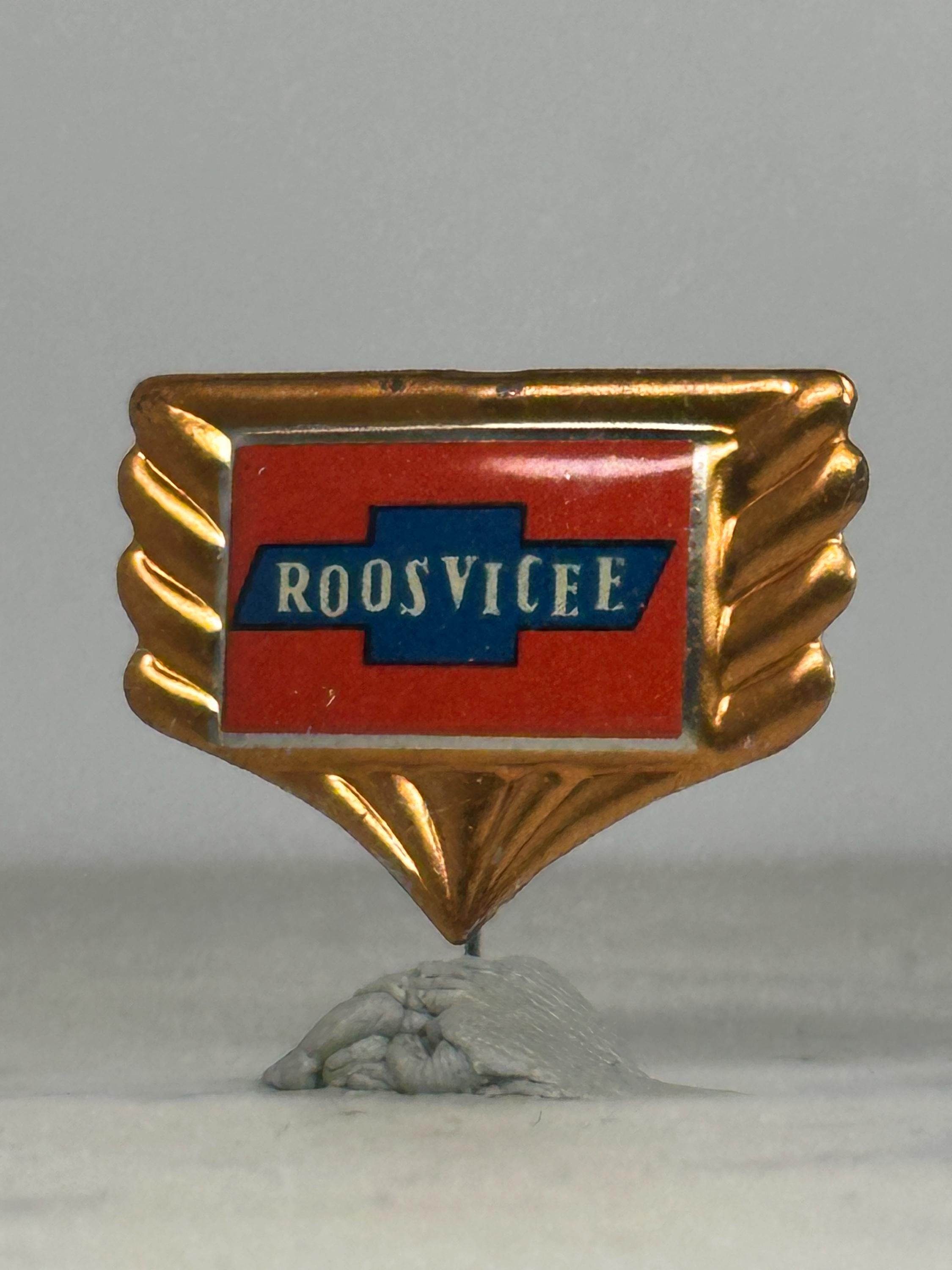 Roosvicee Company Pin: Gold & Red Enamel - Mid-Century Accessory
