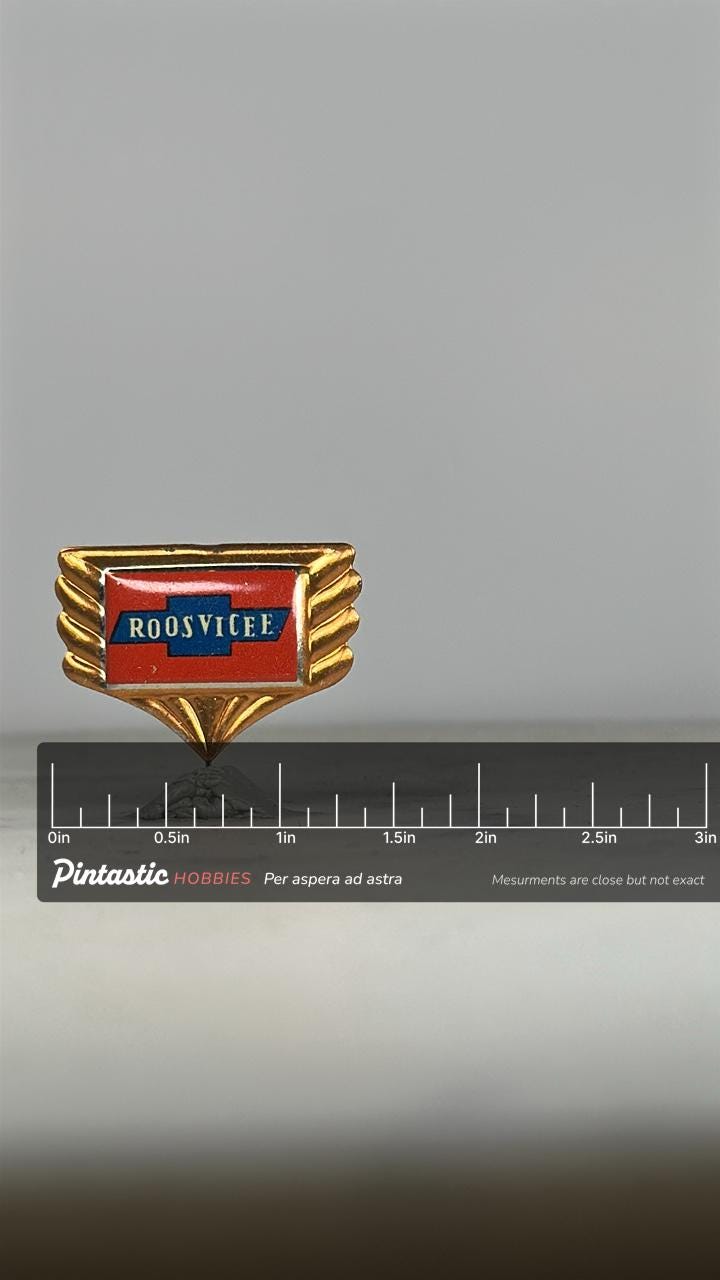 Roosvicee Company Pin: Gold & Red Enamel - Mid-Century Accessory with ruler overlay for size reference