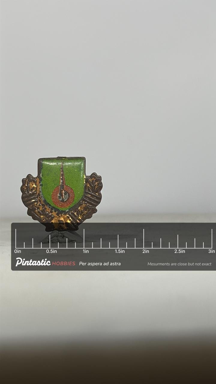 Vintage Jowett Javelin Auto Pin – 1950s Green Enamel British Car Emblem with ruler overlay for size reference