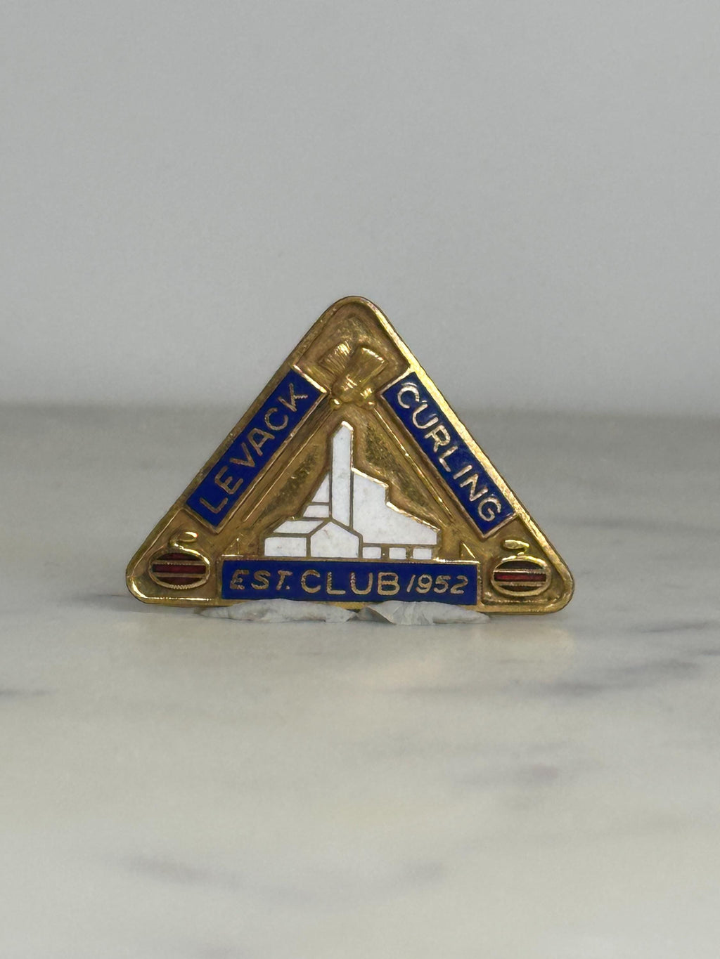 Levack Curling Club Pin: Gold Blue Enamel Triangle - Vintage Sports Accessory