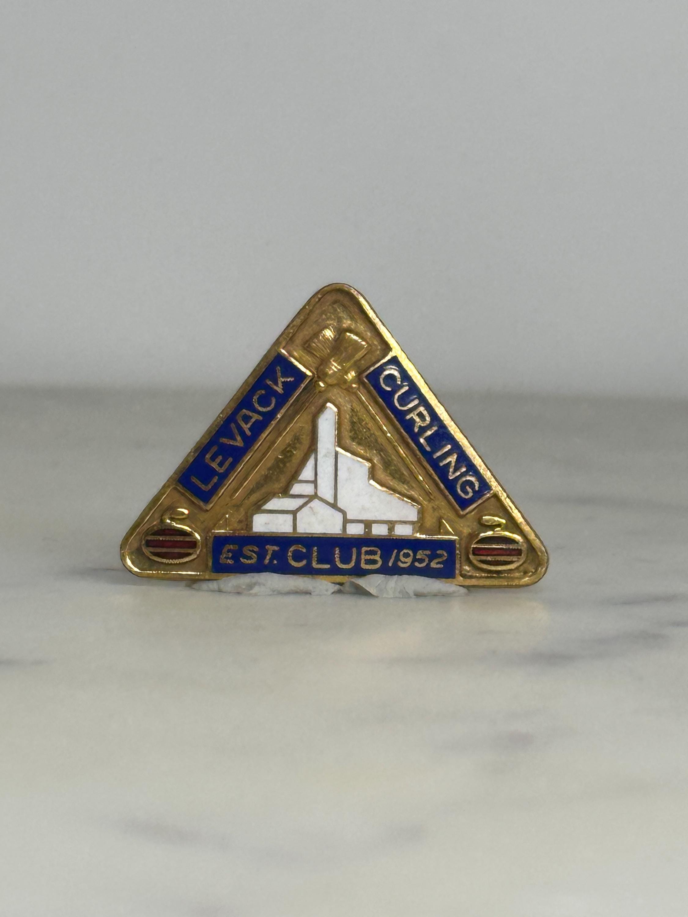 Levack Curling Club Pin: Gold Blue Enamel Triangle - Vintage Sports Accessory