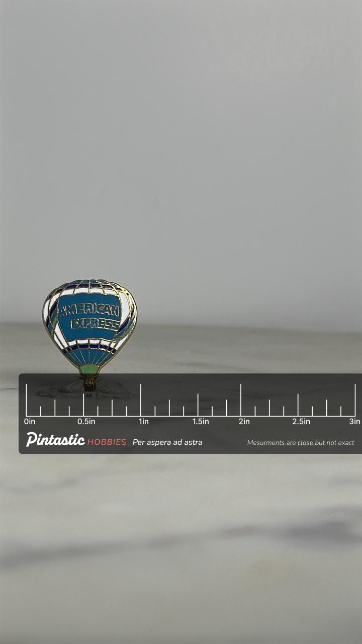 American Express Hot Air Balloon Pin: Blue & Gold Enamel - Vintage Company Accessory with ruler overlay for size reference