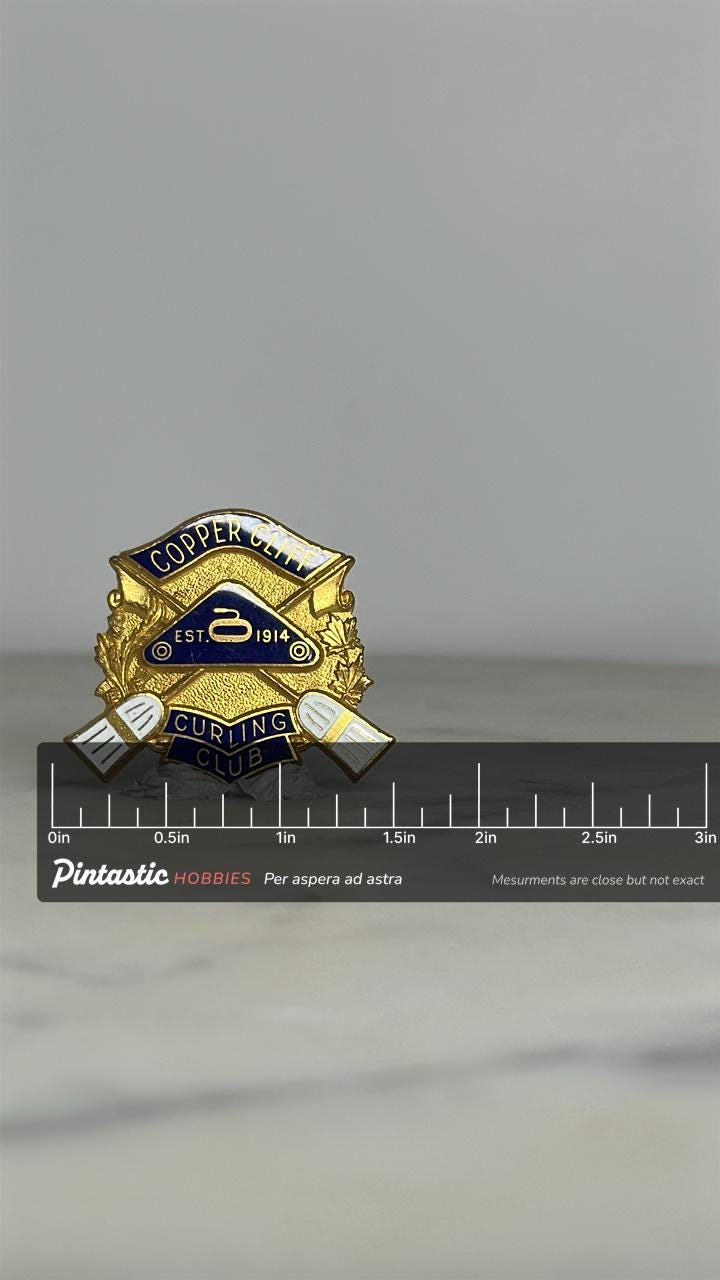 Copper Cliff Curling Club Pin: Gold & Blue Enamel - Vintage Sports Accessory with ruler overlay for size reference