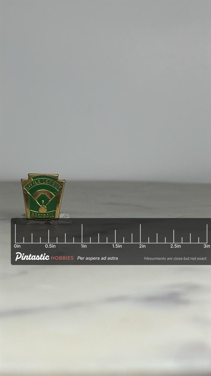 Little League Baseball Pin: Green & Gold Enamel - Vintage Sports Accessory with ruler overlay for size reference