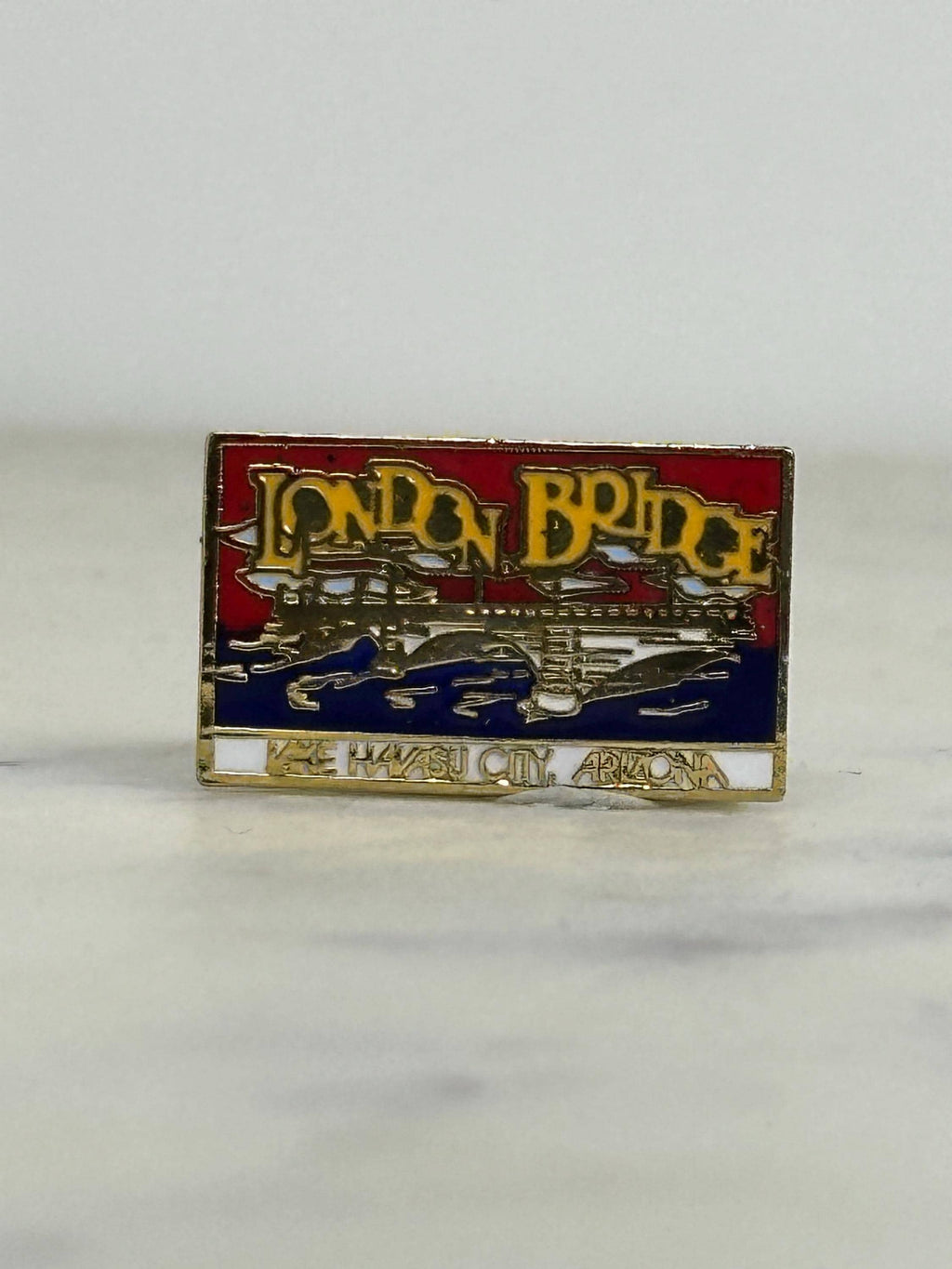 London Bridge Souvenir Pin: Red/Blue Enamel Finish - Vintage Travel Accessory