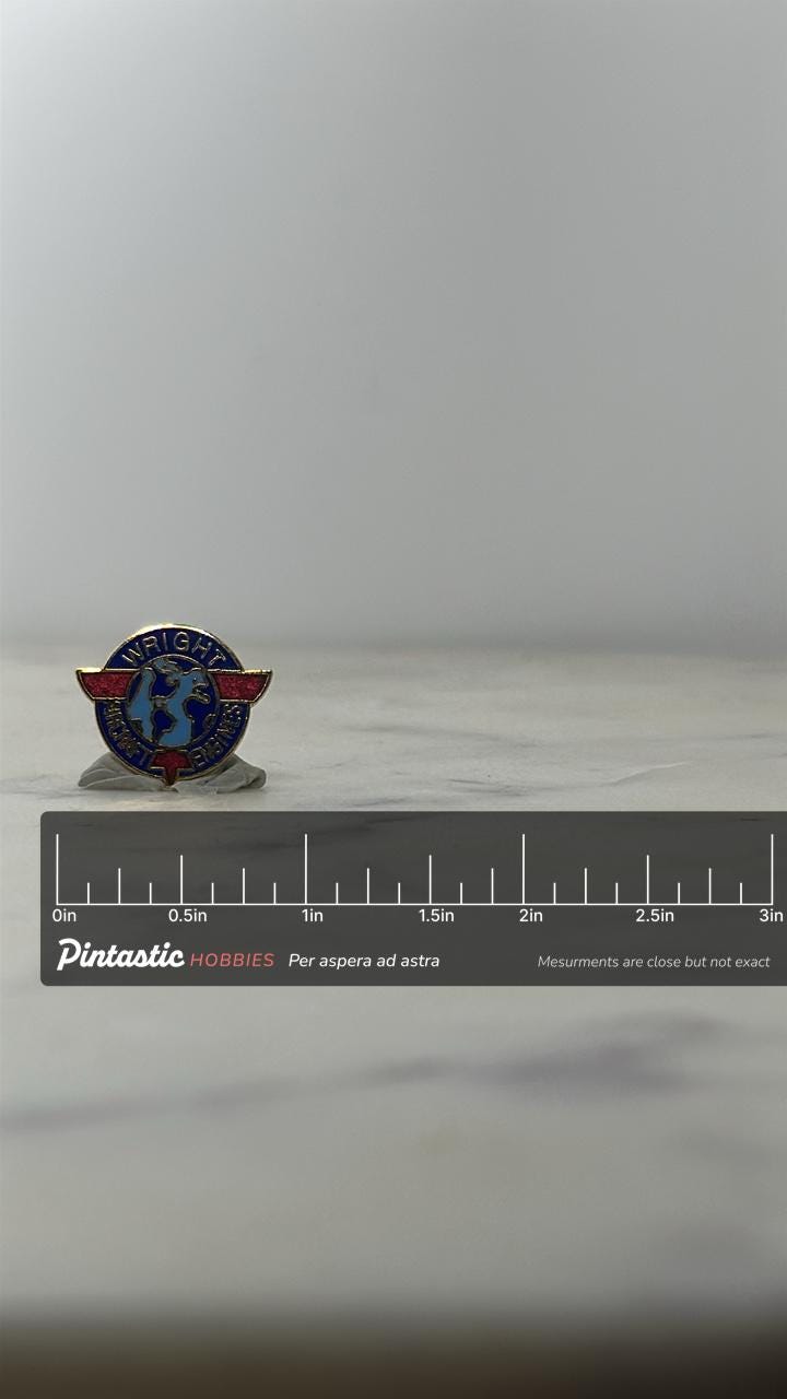 Wright Aircraft Engines Pin: Red/Blue Enamel - Vintage Aviation Accessory with ruler overlay for size reference