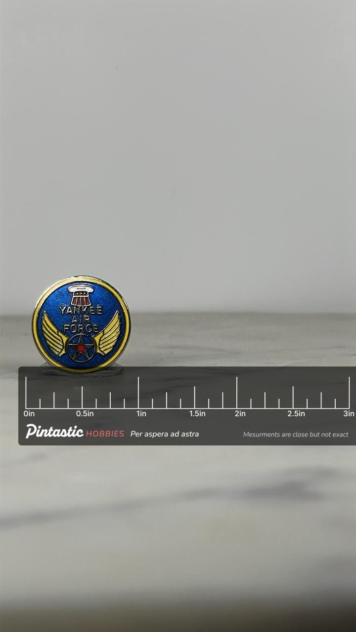 Yankee Air Force Pin: Blue/Gold Enamel - Vintage Military Accessory with ruler overlay for size reference