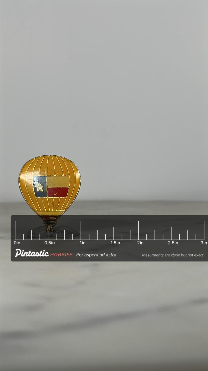 Texas Hot Air Balloon Pin: Yellow Enamel Finish - Vintage Travel Accessory with ruler overlay for size reference