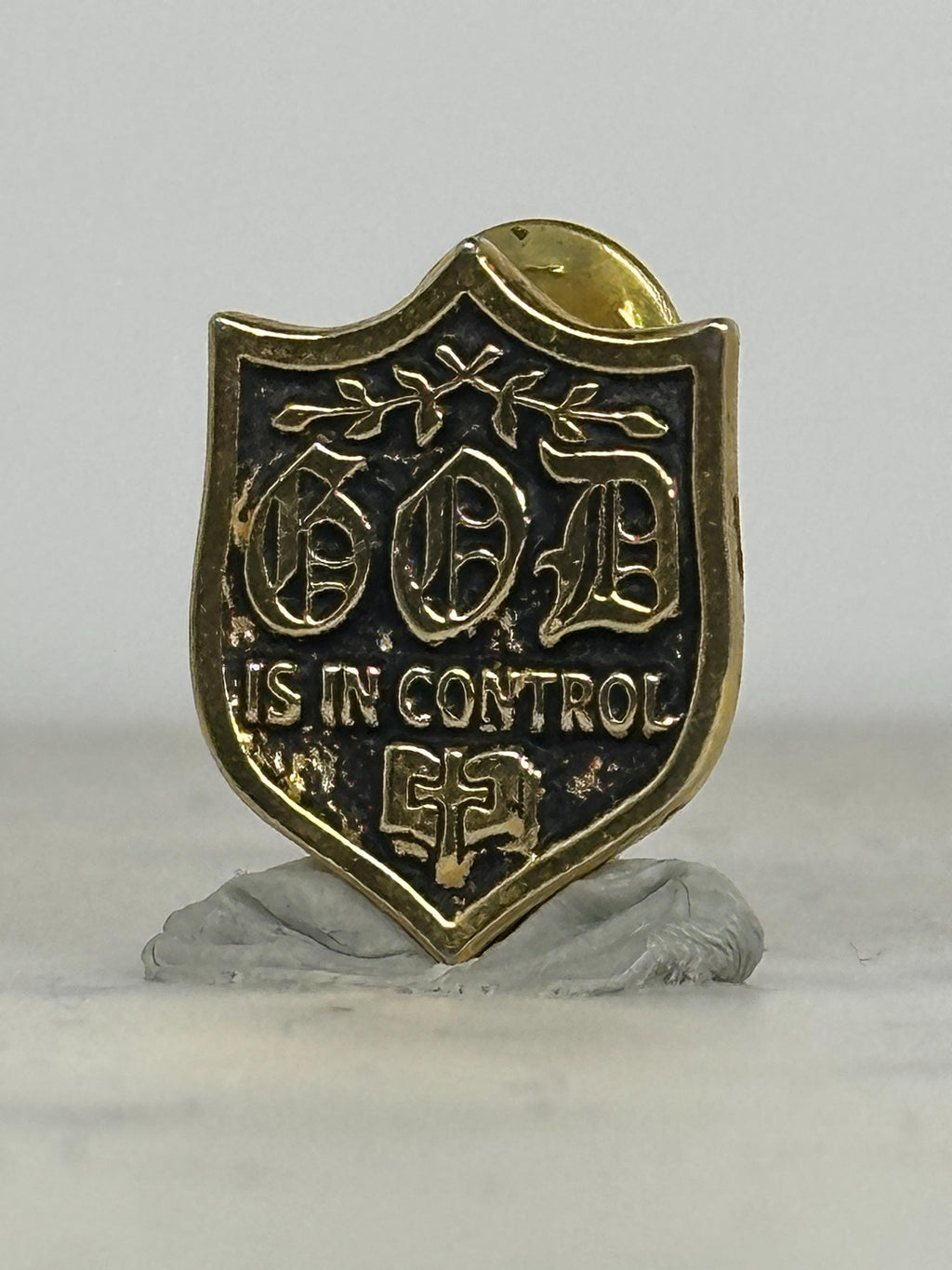 God is in Control Pin: Gold Shield Enamel - Faith-Based Accessory