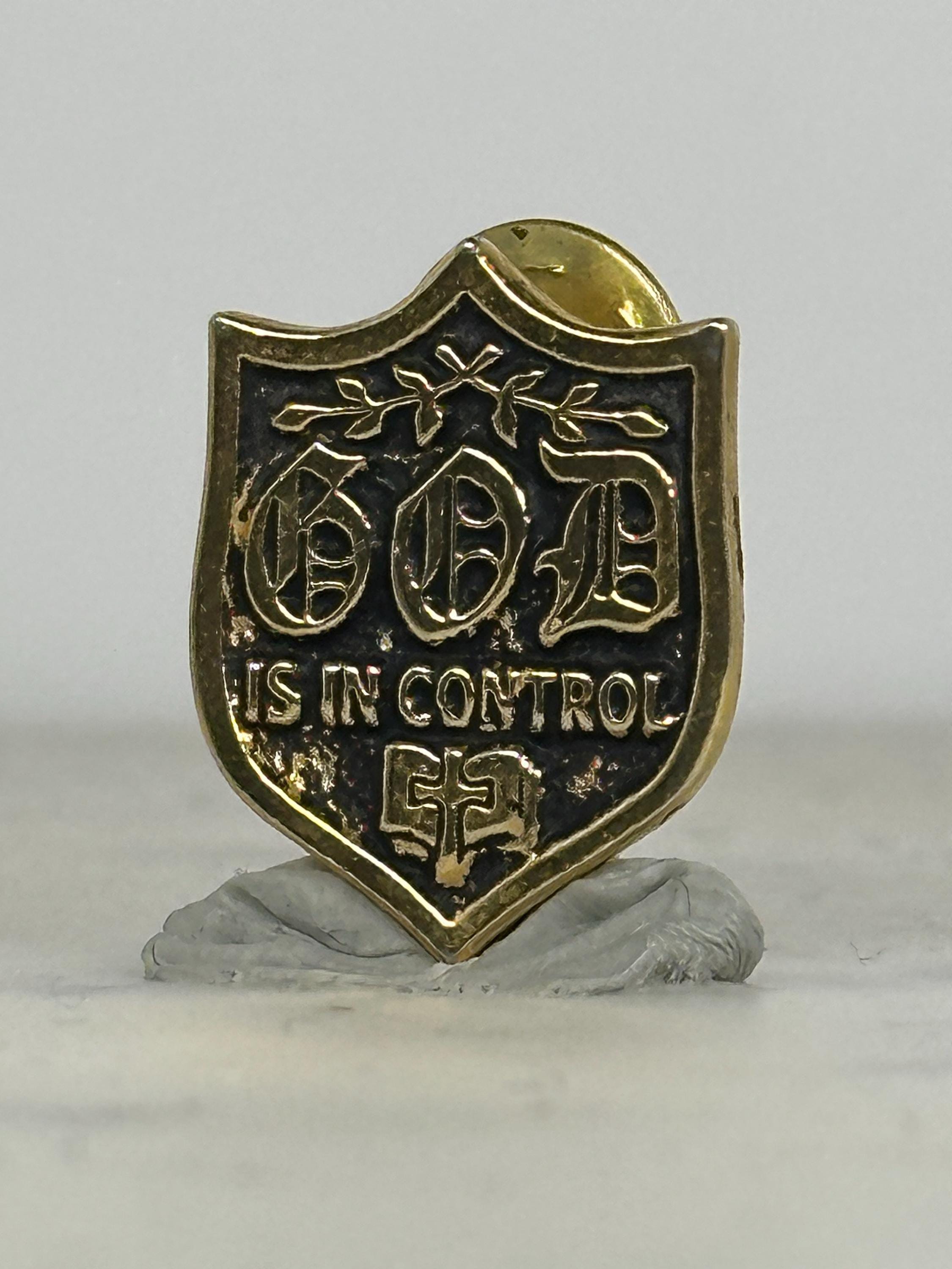 God is in Control Pin: Gold Shield Enamel - Faith-Based Accessory