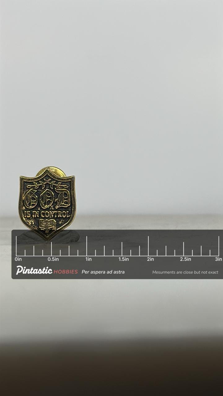 God is in Control Pin: Gold Shield Enamel - Faith-Based Accessory with ruler overlay for size reference