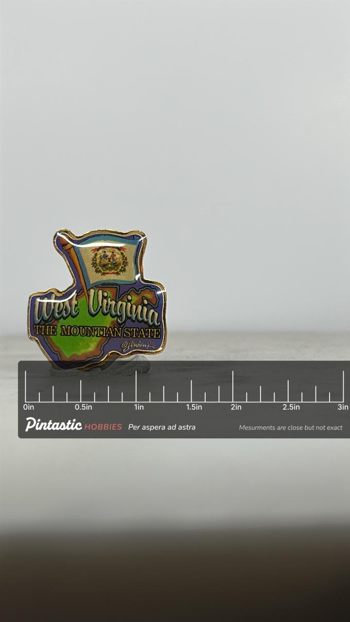 West Virginia State Pin: Multicolor Enamel Finish - Vintage Travel Accessory with ruler overlay for size reference