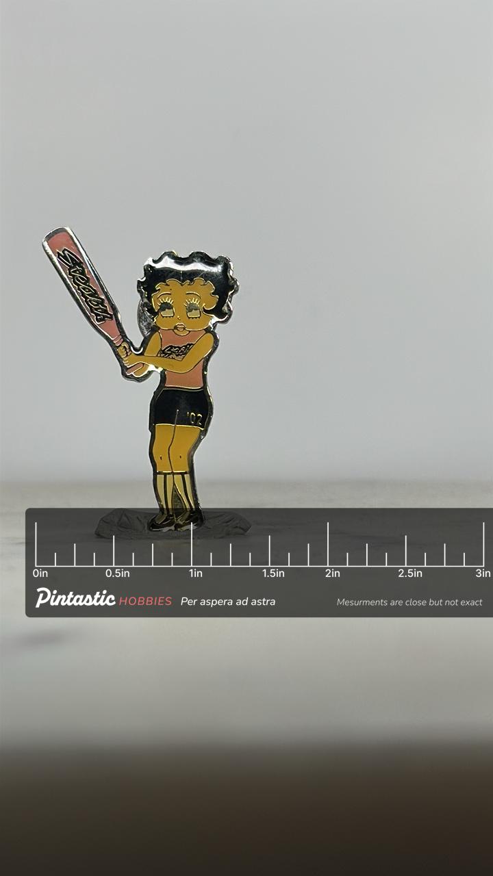 2002 Betty Boop Softball Pin – “Stealth” Bat Sports Collectible Enamel Lapel Pin with ruler overlay for size reference