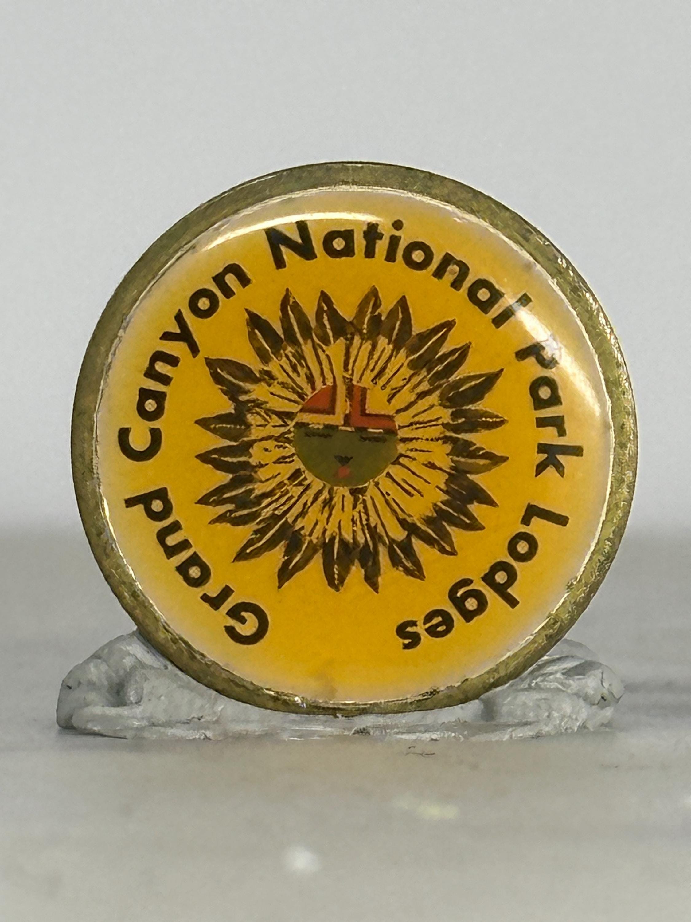 Grand Canyon Lodges Pin: Yellow Enamel Round - Vintage Travel Accessory