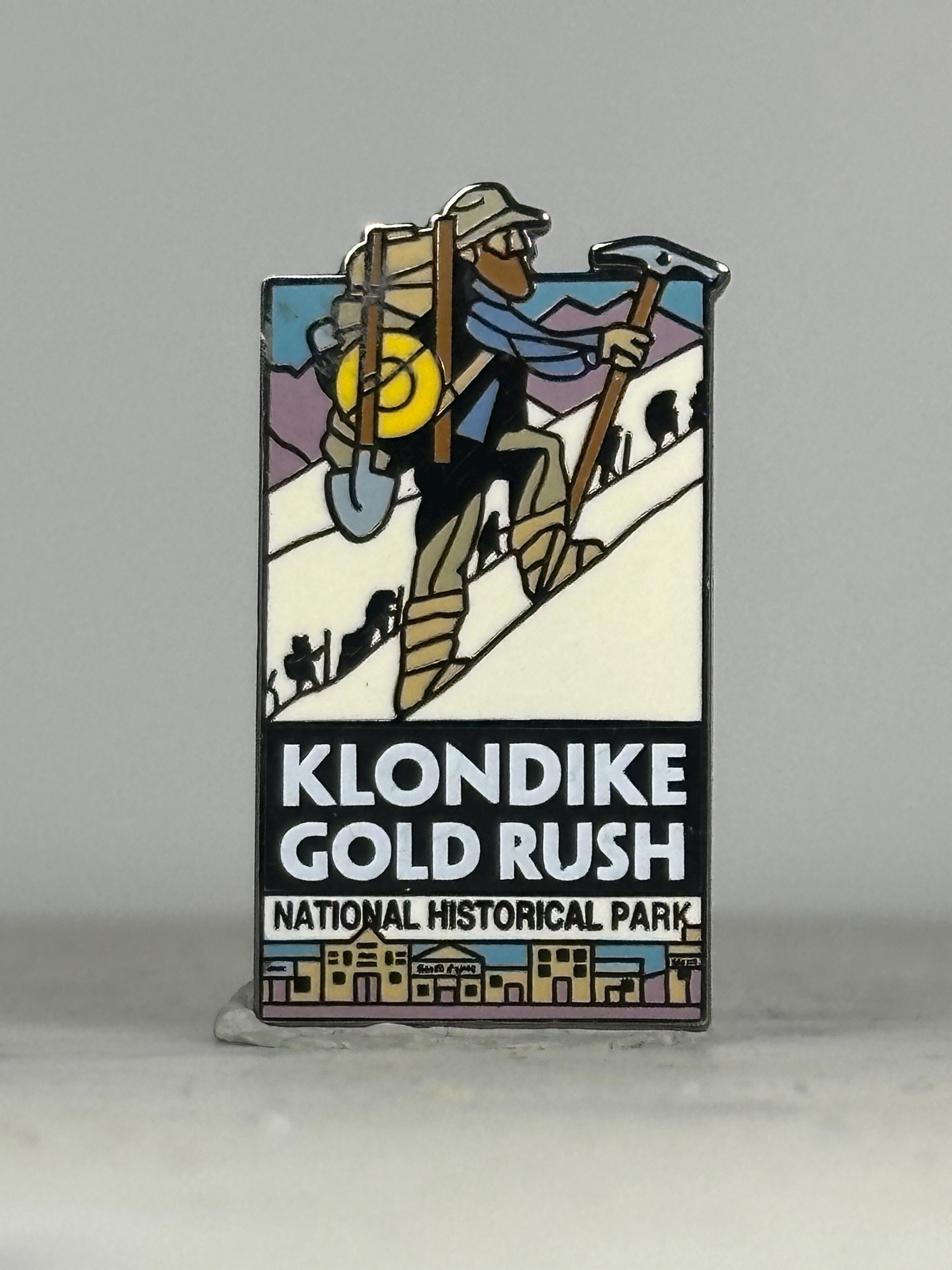 Klondike Gold Rush Enamel Pin: Colorful Hiker Scene - Vintage Park Accessory