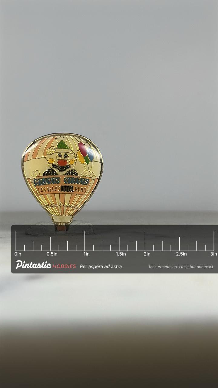 Circus Circus Clown Balloon Pin: Gold-tone Enamel - Vintage Vegas Accessory with ruler overlay for size reference