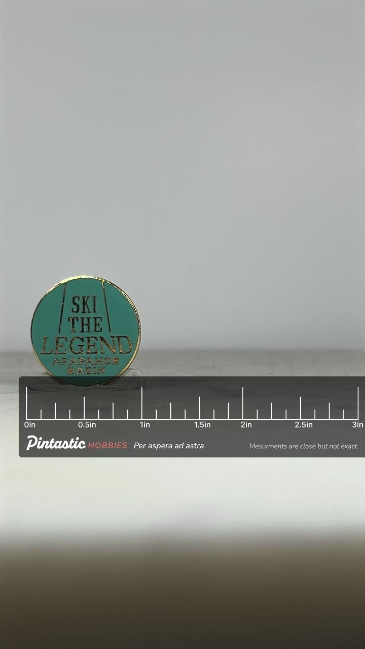Arapahoe Basin Ski Pin: Teal Enamel Gold Trim - Vintage Ski Resort Accessory with ruler overlay for size reference