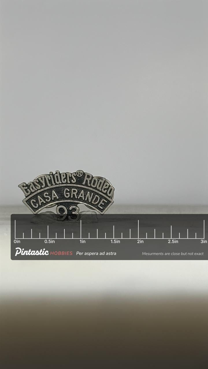 Easyriders Rodeo Pin: Antique Pewter Tone - 1993 Biker Rally Accessory with ruler overlay for size reference