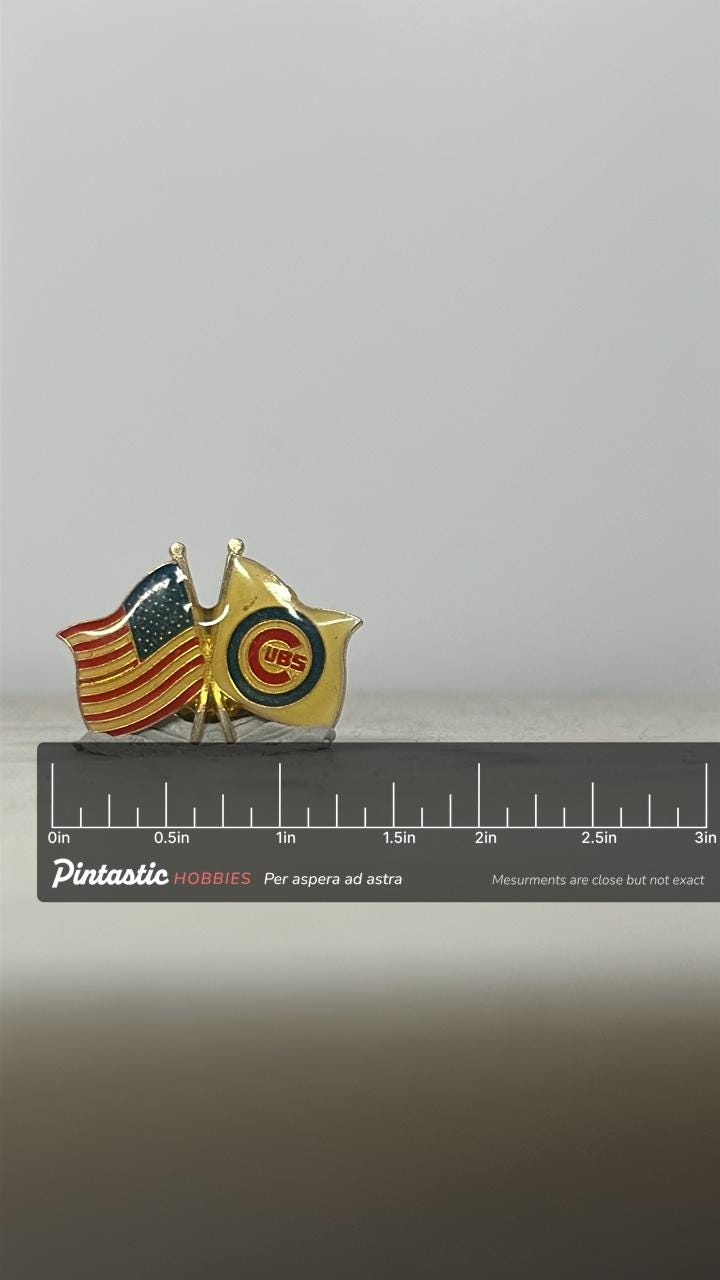 Chicago Cubs American Flag Crossover Enamel Pin: Gold Tone - Vintage Sports Accessory with ruler overlay for size reference