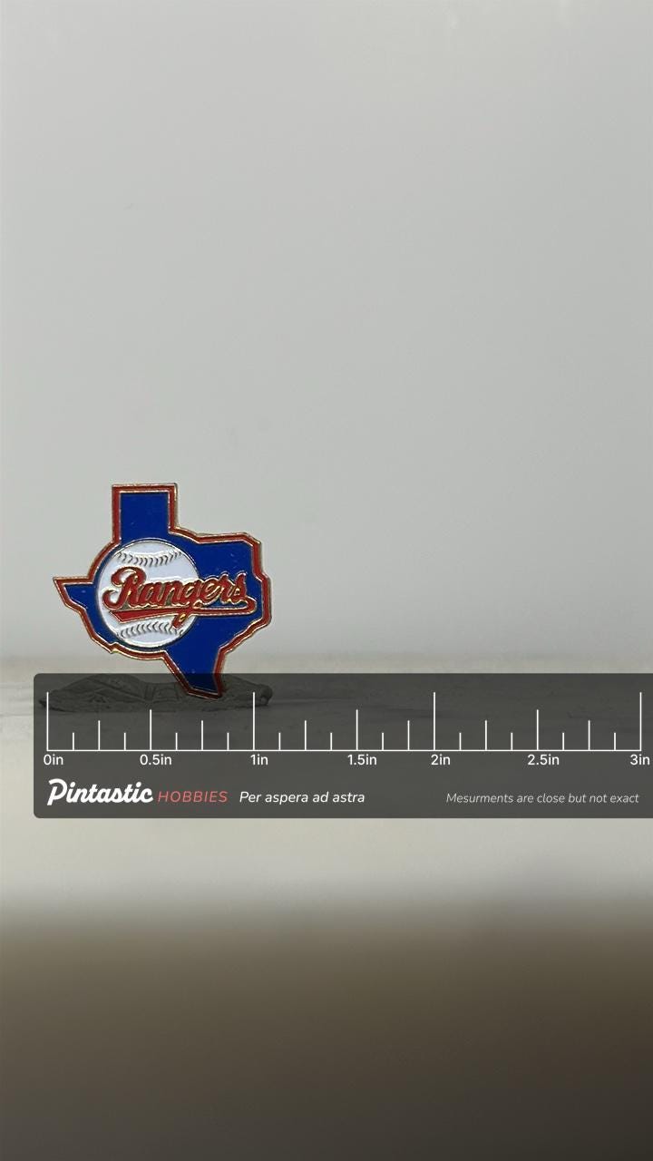 Texas Rangers Baseball Pin: Red/Blue Enamel - Vintage Sports Accessory with ruler overlay for size reference