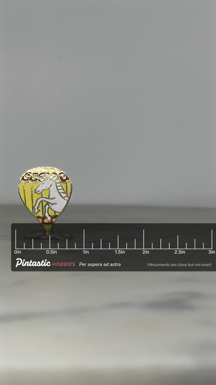 Unicorn Balloon Enamel Pin: Gold/Yellow Cloisonné - Fantasy Vintage Accessory with ruler overlay for size reference