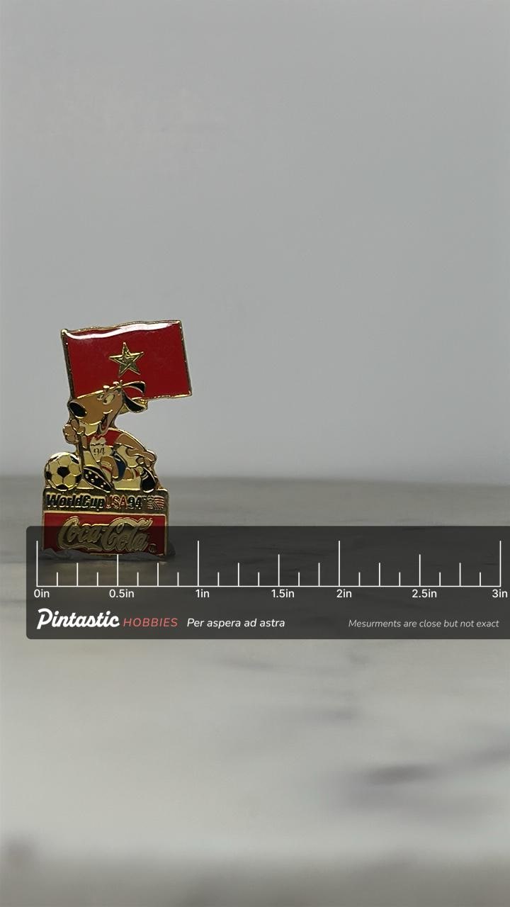 World Cup USA 94 Soccer Pin: Gold Enamel Finish - Vintage Sports Accessory with ruler overlay for size reference