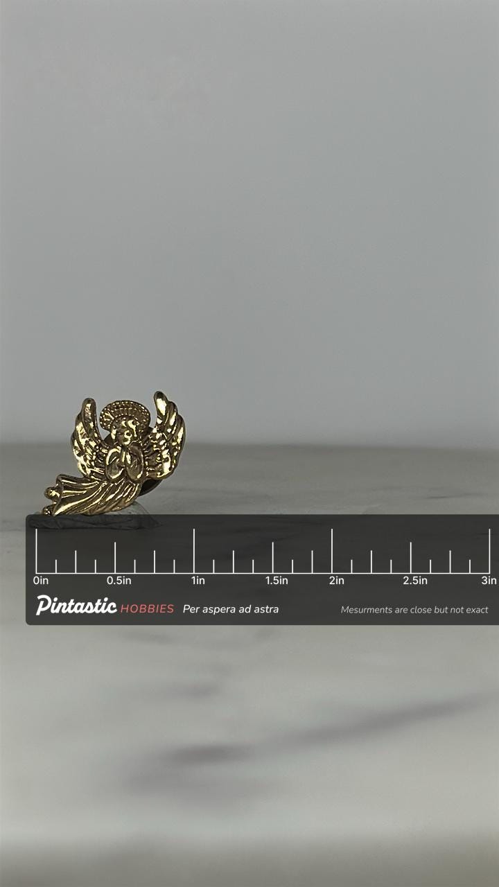 Praying Angel Enamel Pin: Gold Tone Metal - Vintage Religious Accessory with ruler overlay for size reference