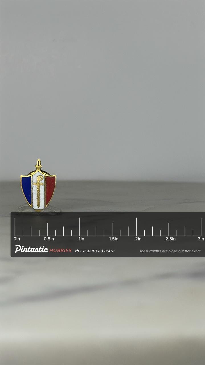 Vintage Tricolor Shield Pin – Gold Sword Religious or Fraternal Emblem with ruler overlay for size reference