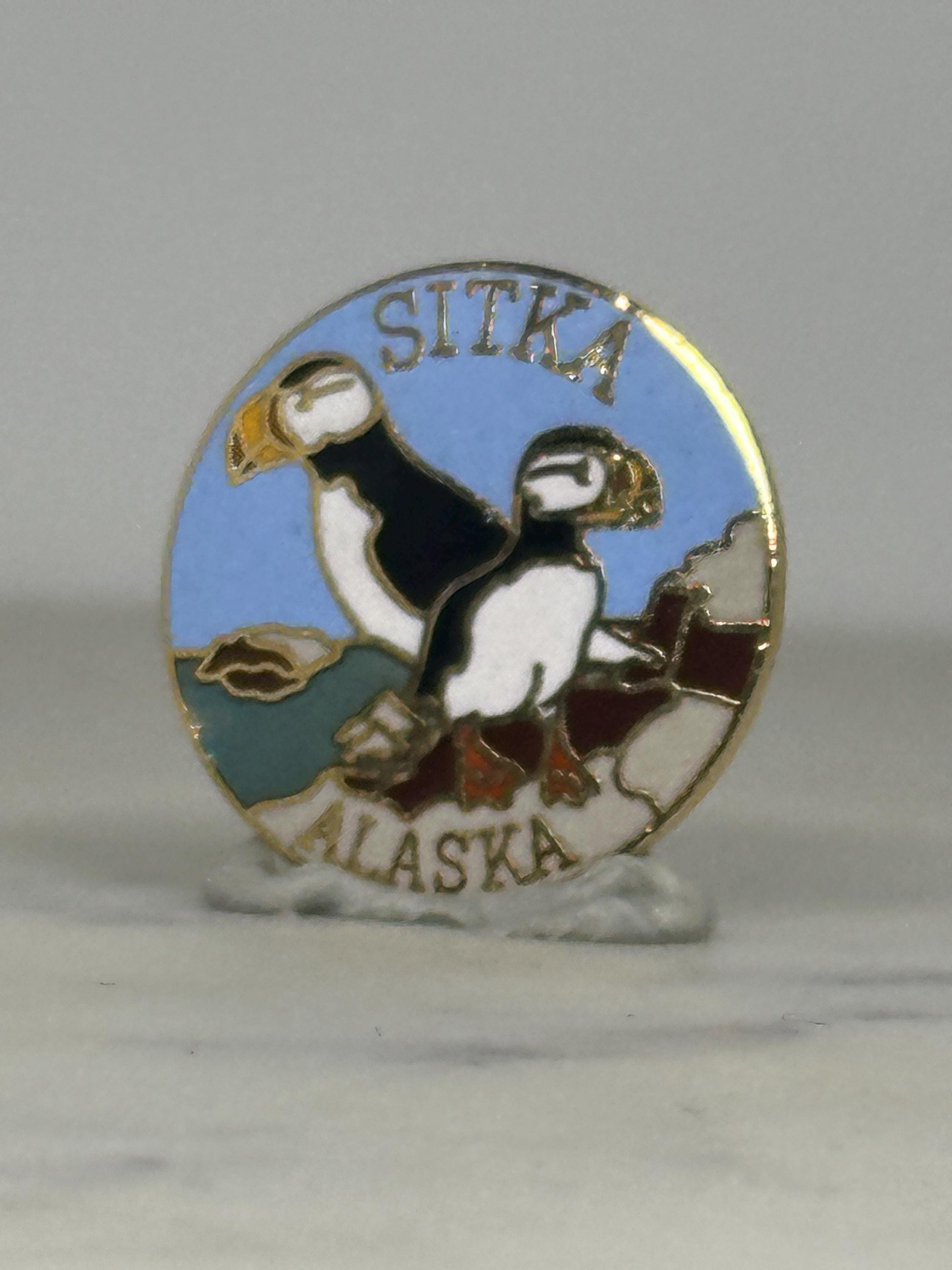 Sitka Alaska Puffins Enamel Pin: Round Goldtone - Souvenir Travel Accessory