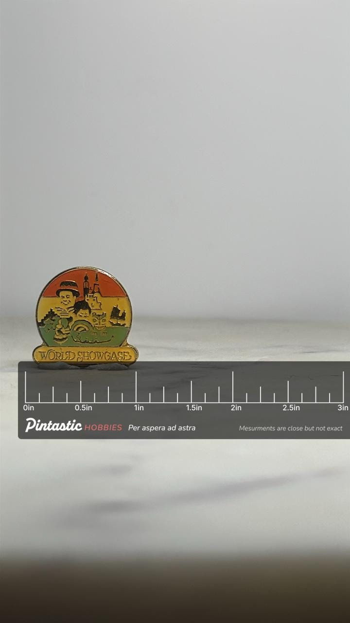 World Showcase Enamel Pin: Multicolor Cloisonné - Vintage Disney Accessory with ruler overlay for size reference