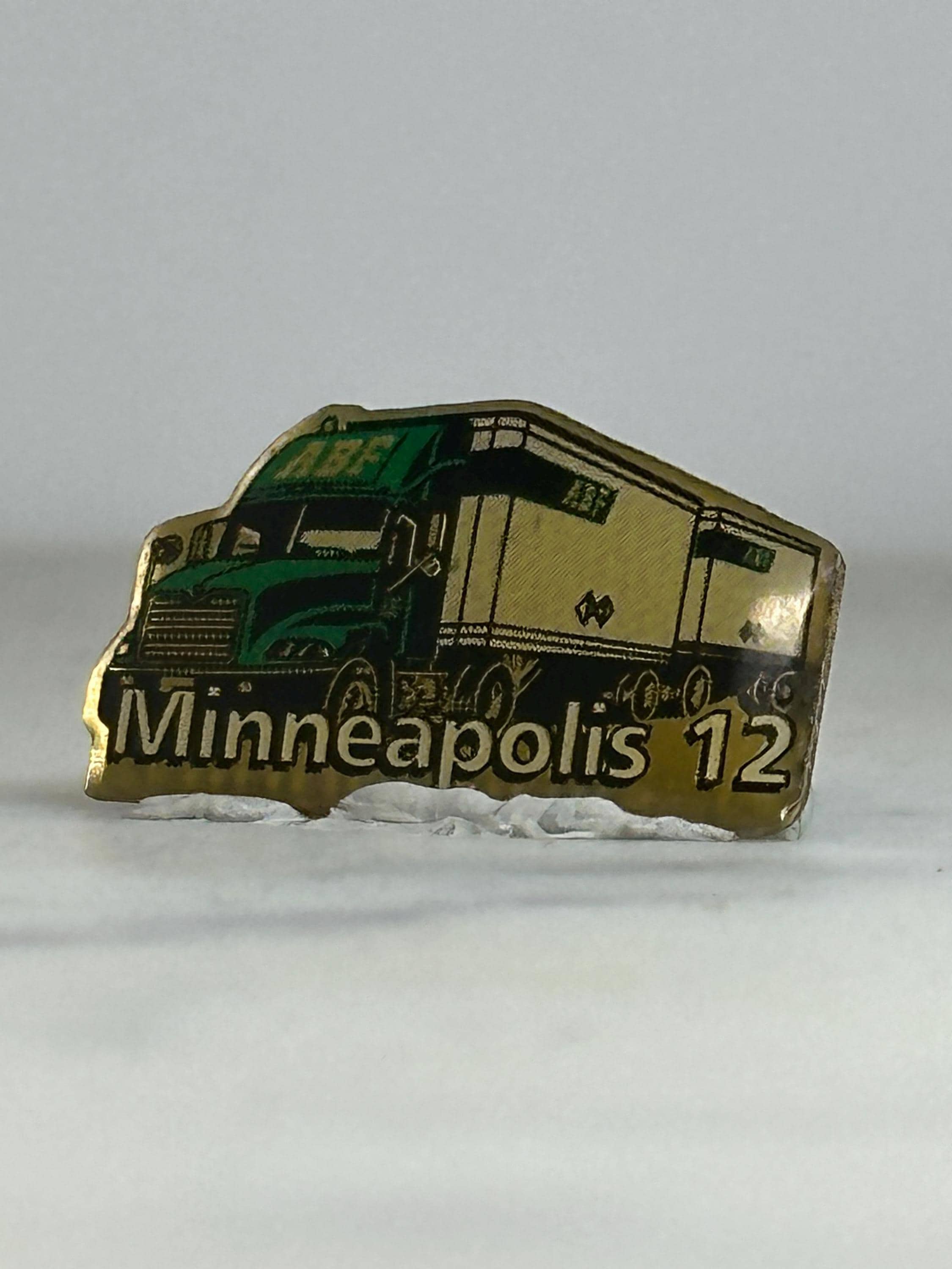 Minneapolis 12 Truck Enamel Pin: Green & Gold Finish - Vintage Transport Accessory