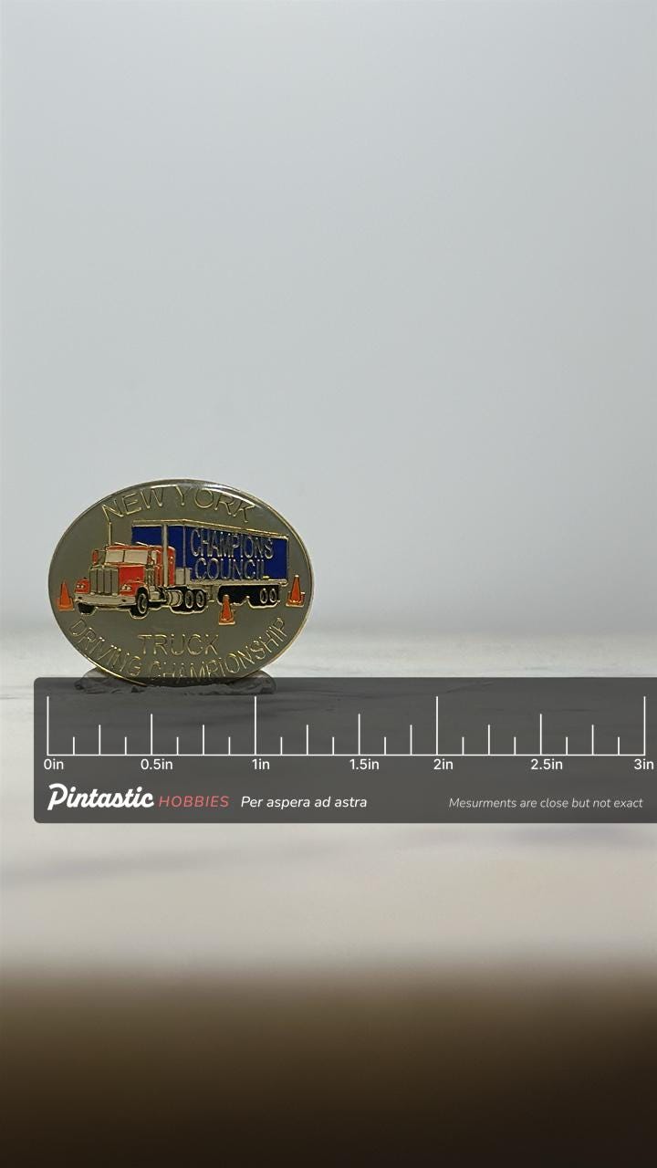 New York Truck Driving Championship Pin: Gold-Tone Enamel - Vintage Award Accessory with ruler overlay for size reference