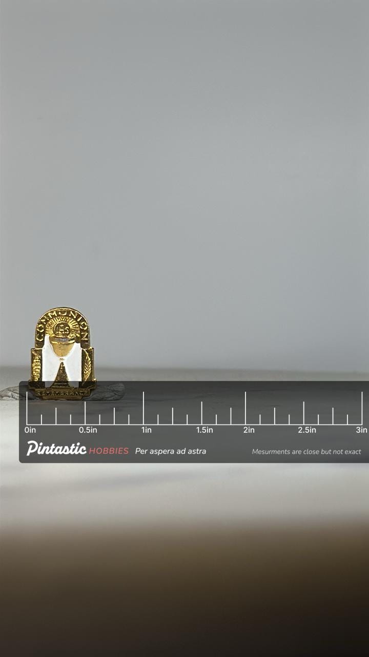 Communion Chalice Pin: Gold & White Cloak Finish - Vintage Religious Accessory with ruler overlay for size reference