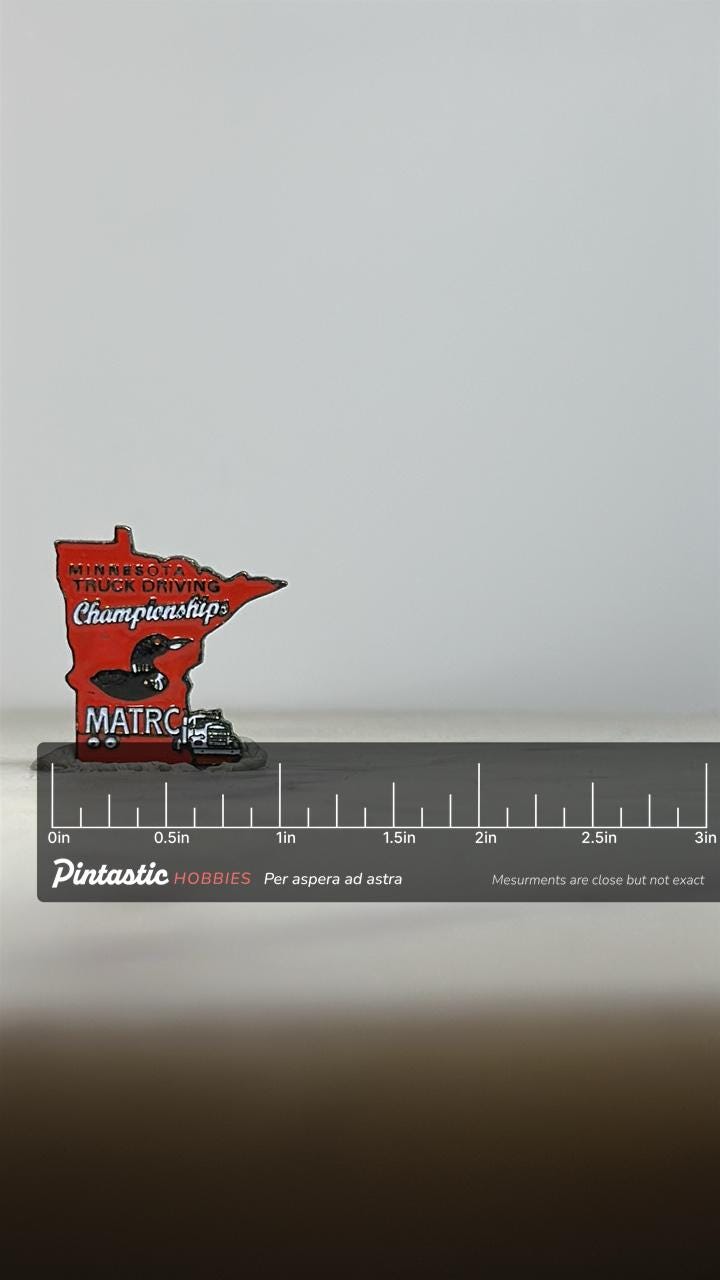 Minnesota Truck Driving Championship Pin: Red Enamel State Shape - Vintage Accessory with ruler overlay for size reference