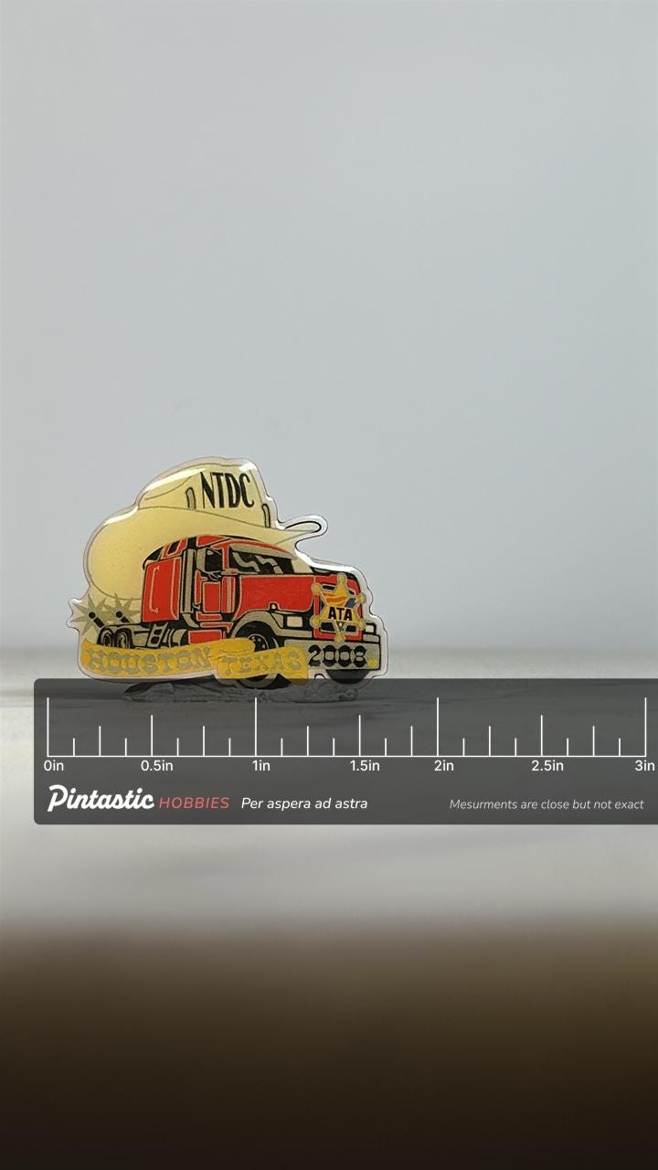 NTDC Trucking Enamel Pin: Red/Yellow Cowboy Hat Style - 2008 Event Accessory with ruler overlay for size reference
