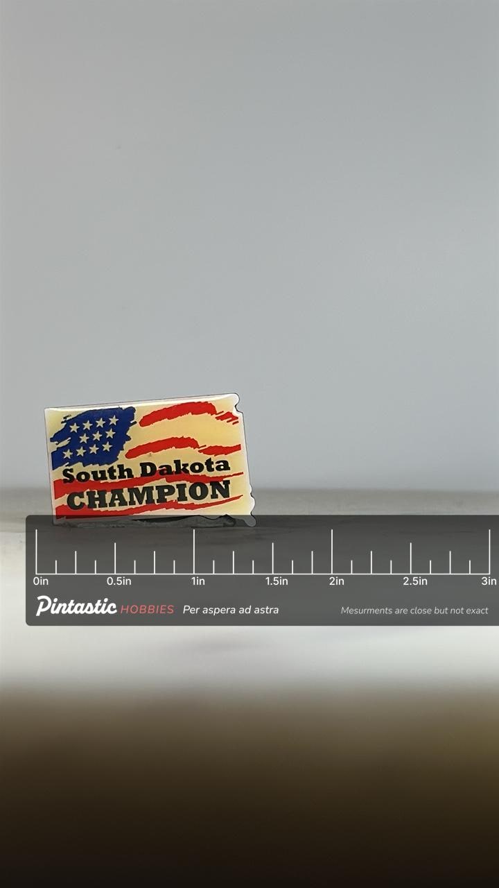 South Dakota Champion Pin: Patriotic Red White Blue - Americana Accessory with ruler overlay for size reference