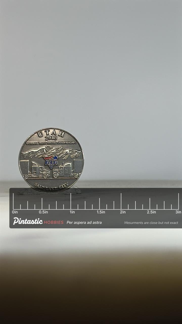 Utah Trucking Championship Pin: Silver Enamel - 2013 Souvenir Accessory with ruler overlay for size reference
