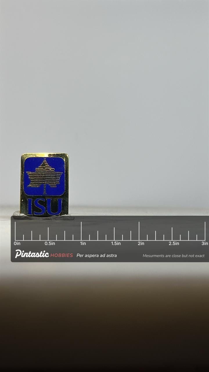 ISU Logo Lapel Pin: Gold & Blue Enamel - Retro University Accessory with ruler overlay for size reference